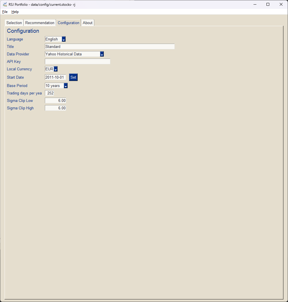 RSJ Portfolio configuration tab: data provider, cache file, local currency, start date, base period and sigma clip settings