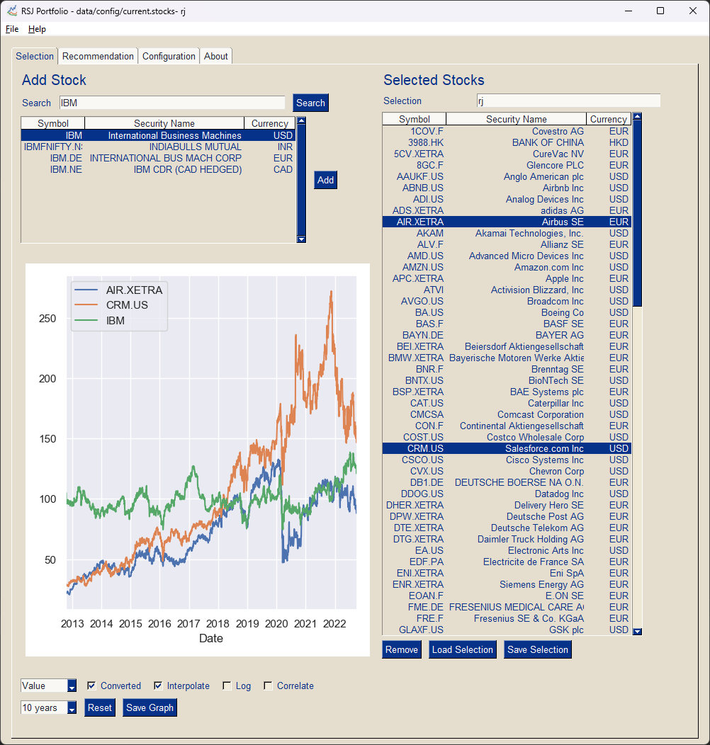 Registerkarte Auswahl in RSJ Portfolio mit Aktiensuche, Kandidatenlisten und Kursdiagramm